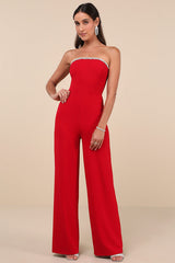 Lavish Muse Red Rhinestone Strapless Jumpsuit