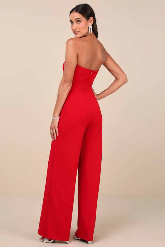 Lavish Muse Red Rhinestone Strapless Jumpsuit