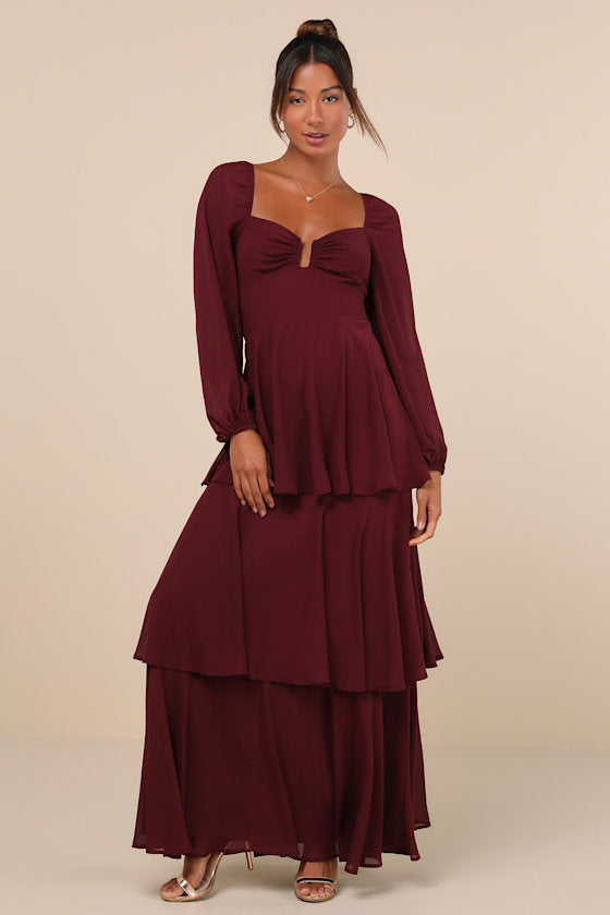 Tier to Enchant Burgundy Long Sleeve Tiered Maxi Dress