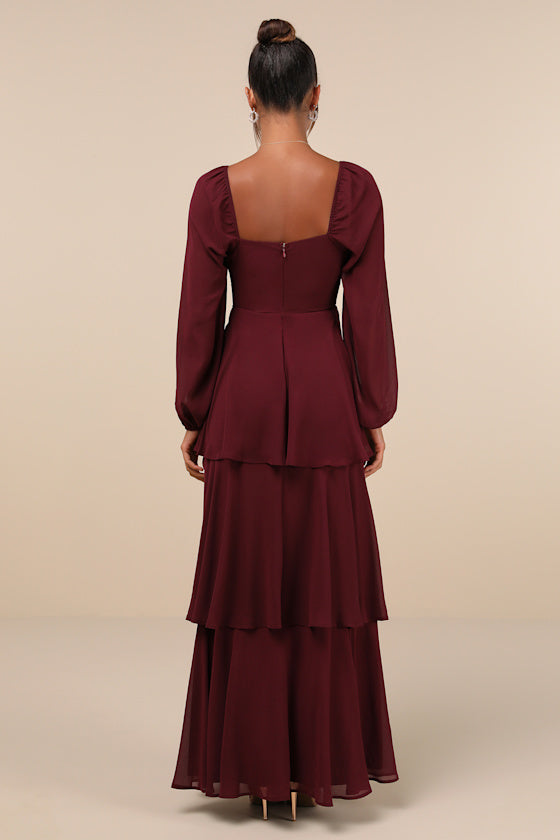 Tier to Enchant Burgundy Long Sleeve Tiered Maxi Dress