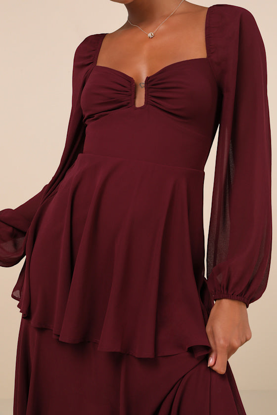 Tier to Enchant Burgundy Long Sleeve Tiered Maxi Dress