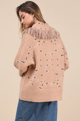 Playful Coziness Tan Bandana Print Fringe Button-Up Cardigan