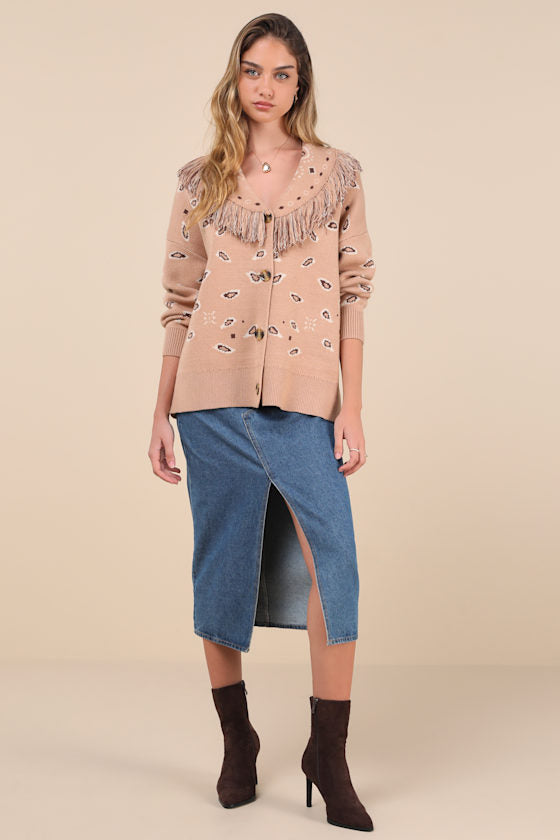 Playful Coziness Tan Bandana Print Fringe Button-Up Cardigan
