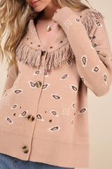 Playful Coziness Tan Bandana Print Fringe Button-Up Cardigan