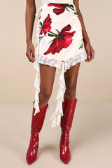 Notable Charisma Ivory Floral Satin Lace Tendril Mini Skirt