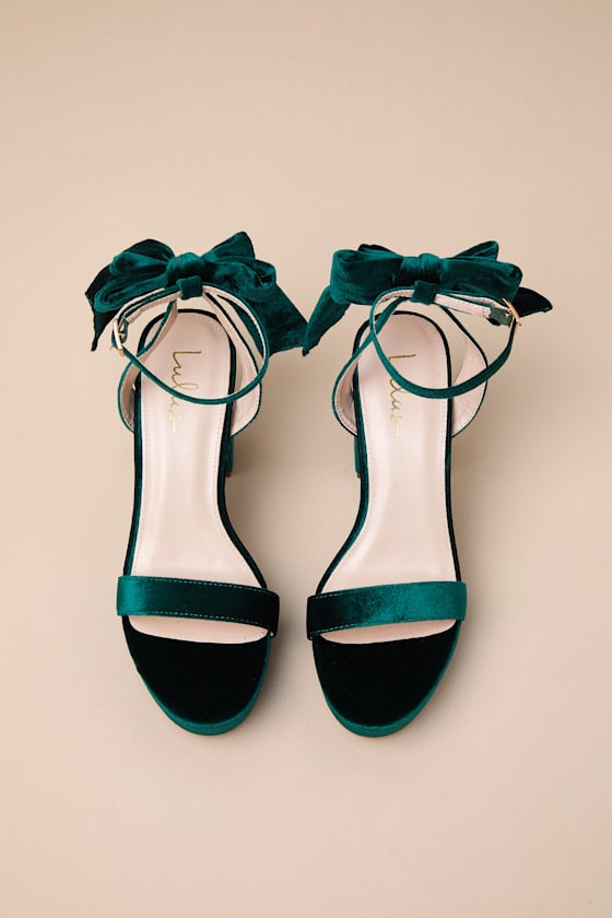 Sassyy Emerald Velvet Bow Platform Ankle Strap Sandals