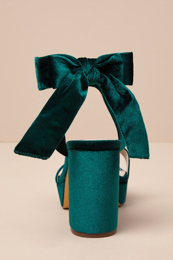 Sassyy Emerald Velvet Bow Platform Ankle Strap Sandals