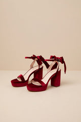 Sassyy Wine Velvet Bow Platform Ankle Strap Sandals