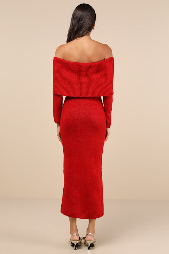 Cozy Excellence Heather Red Off-the-Shoulder Sweater Dress