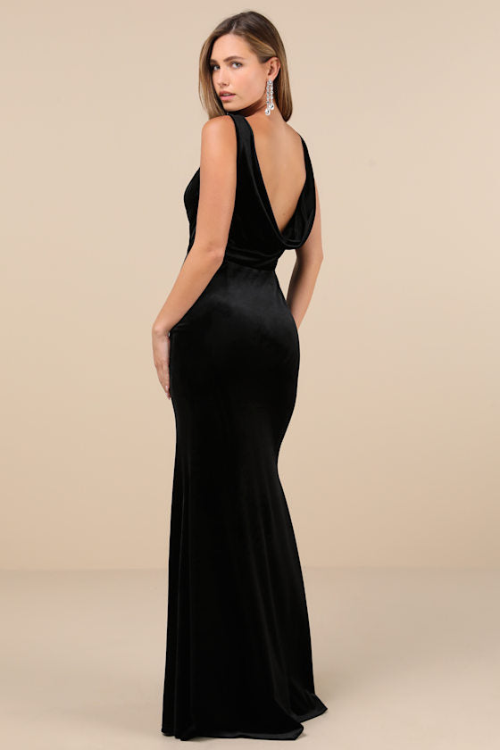 Ravishing Poise Black Velvet Cowl Back Sleeveless Maxi Dress