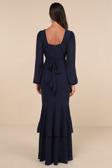 Tier Elegance Navy Long Sleeve Tiered Maxi Dress
