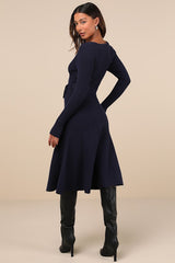 Warm Emotions Navy Blue Skater Midi Sweater Dress