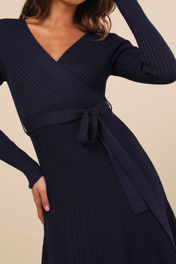 Warm Emotions Navy Blue Skater Midi Sweater Dress