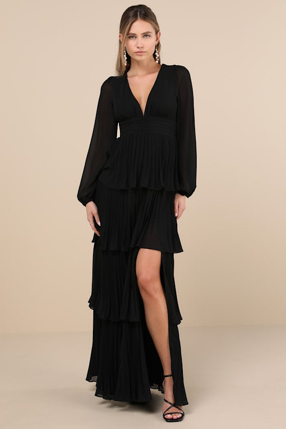 Graceful Finesse Black Pleated Long Sleeve Maxi Dress