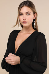 Graceful Finesse Black Pleated Long Sleeve Maxi Dress