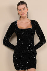 Marvelous Radiance Black Sequin Cutout Long Sleeve Mini Dress