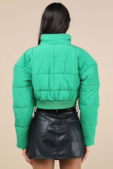 Impressively Posh Green Nylon Quilted Cropped Puffer Jacket