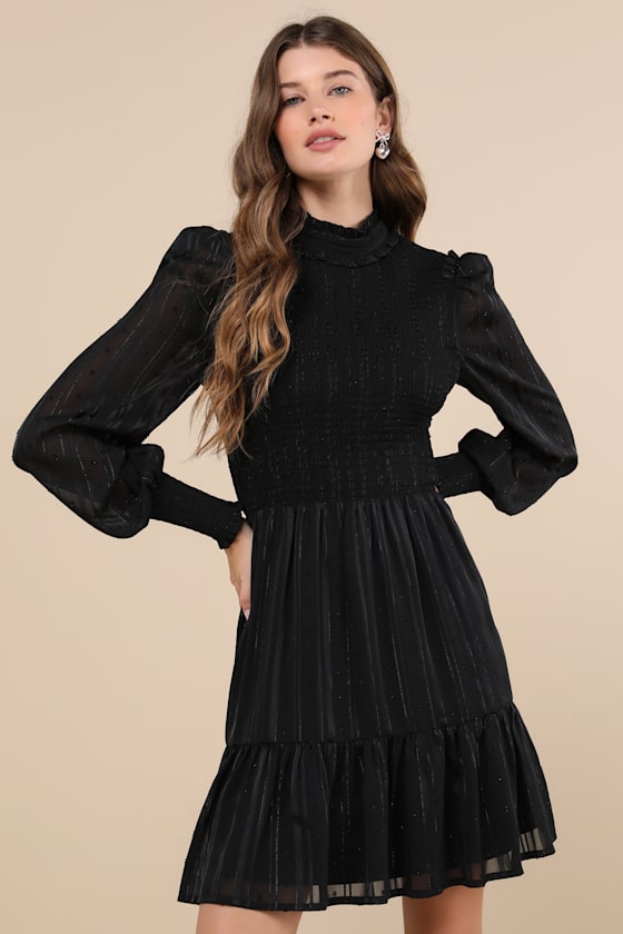 Heartful Romance Black Striped Smocked Long Sleeve Mini Dress