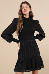 Heartful Romance Black Striped Smocked Long Sleeve Mini Dress