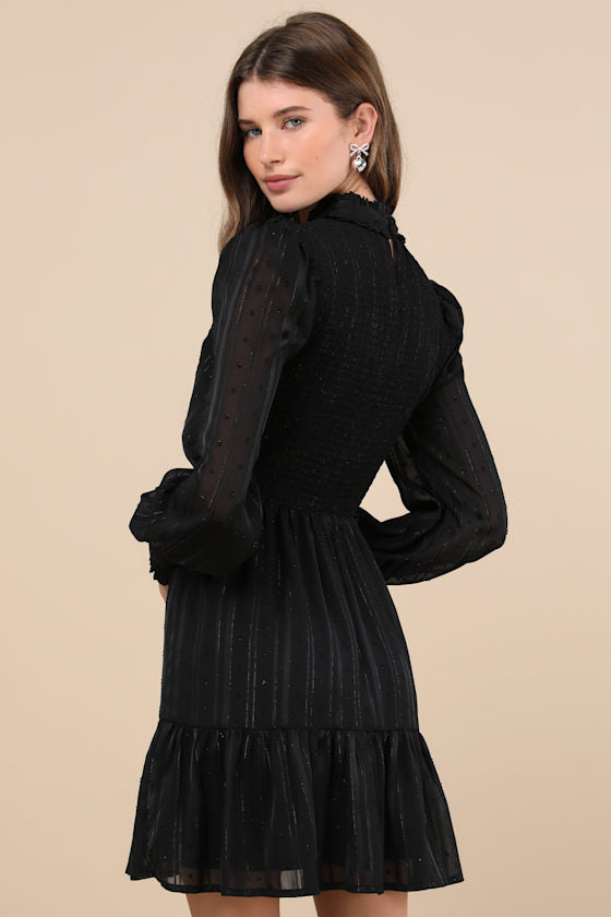 Heartful Romance Black Striped Smocked Long Sleeve Mini Dress