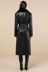 Iconic Experience Black Vegan Leather Faux Fur Trench Coat