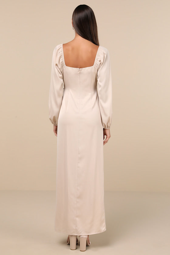Eternal Heart Champagne Satin Long Sleeve Maxi Dress