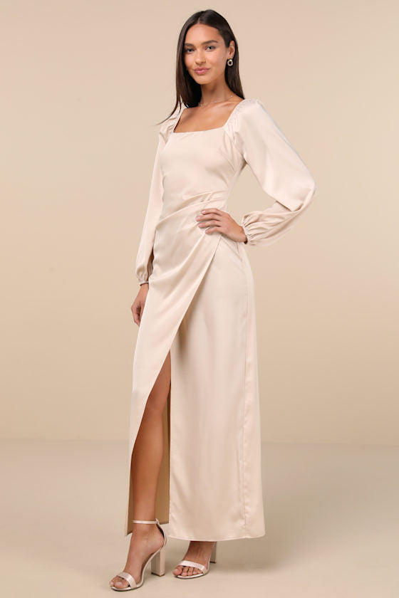 Eternal Heart Champagne Satin Long Sleeve Maxi Dress
