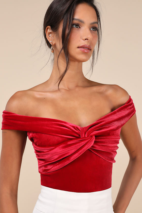Ideal Attraction Red Velvet Off-the-Shoulder Top