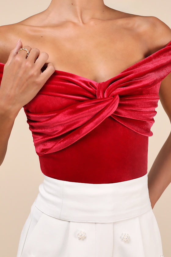 Ideal Attraction Red Velvet Off-the-Shoulder Top