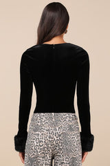 Toasty Allure Black Velvet Faux Fur Long Sleeve Bodysuit