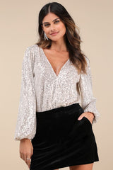 Evening of Wonder Champagne Sequin Long Sleeve Bodysuit