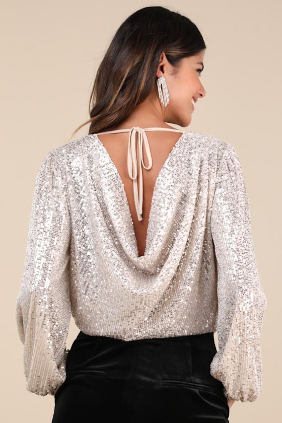 Evening of Wonder Champagne Sequin Long Sleeve Bodysuit