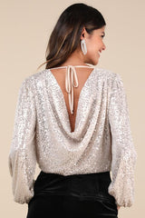 Evening of Wonder Champagne Sequin Long Sleeve Bodysuit