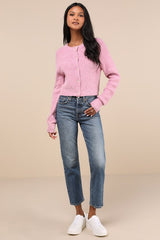 Coziest Crush Pink Marled Heart Button Cardigan