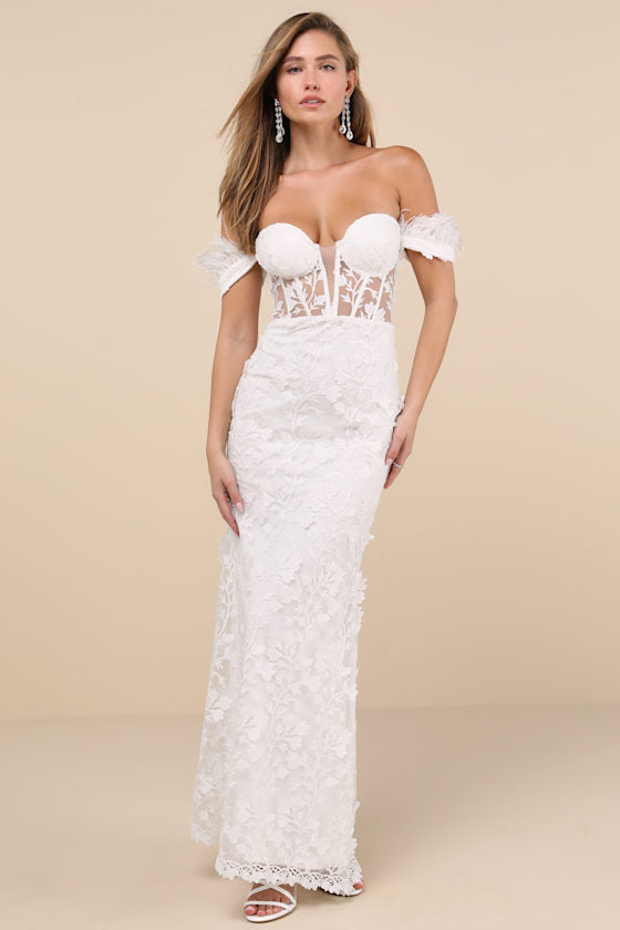 Midnight Sparkle White Embroidered Feather Bustier Maxi Dress