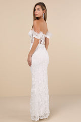 Midnight Sparkle White Embroidered Feather Bustier Maxi Dress