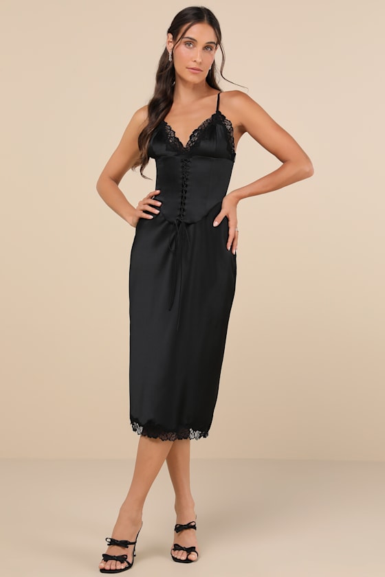 Incredibly Enchanting Black Two-Piece Slip Dress and Corset Set