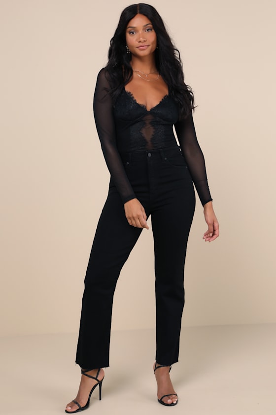 Stay Sultry Black Mesh Lace Long Sleeve Bodysuit