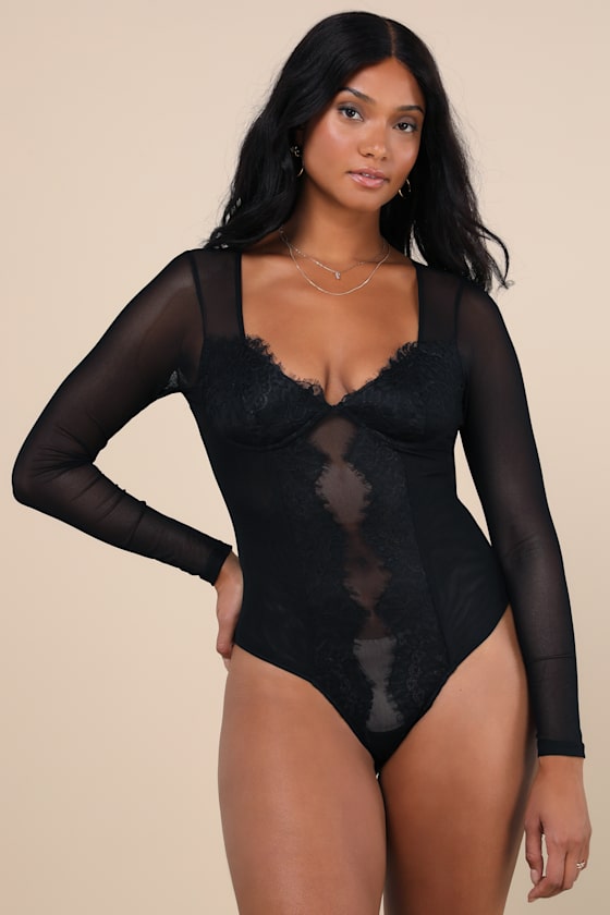 Stay Sultry Black Mesh Lace Long Sleeve Bodysuit