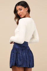 Sensational Approach Navy Blue Satin Jacquard Mini Skirt