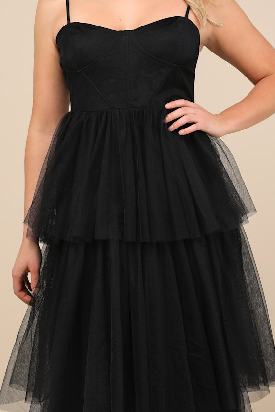 Tulle-y Amazing Black Tulle Sleeveless Bustier Maxi Dress