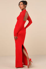 Sensational Appeal Red Mesh Cutout Long Sleeve Maxi Dress
