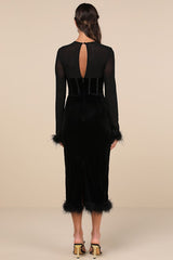 Sensational Situation Black Velvet Feather Bustier Midi Dress