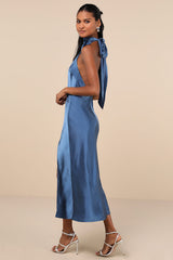 Exceptional Status Blue Halter Backless Slip Midi Dress