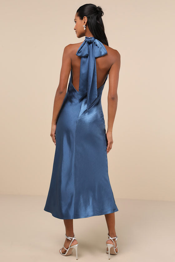 Exceptional Status Blue Halter Backless Slip Midi Dress