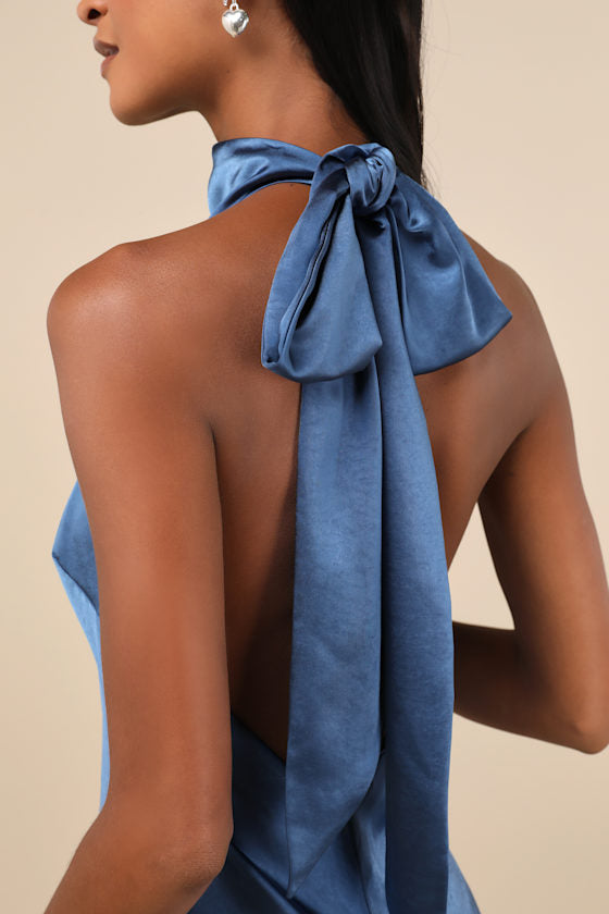 Exceptional Status Blue Halter Backless Slip Midi Dress