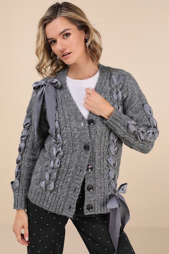 Hesper Heather Grey Cable Knit Lace-Up Cardigan Sweater