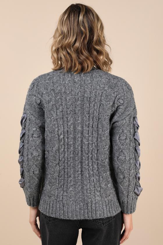 Hesper Heather Grey Cable Knit Lace-Up Cardigan Sweater