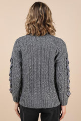 Hesper Heather Grey Cable Knit Lace-Up Cardigan Sweater