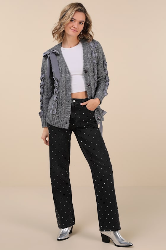 Hesper Heather Grey Cable Knit Lace-Up Cardigan Sweater